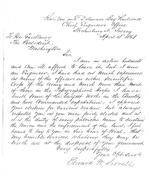 Letter written from the Raritan and Delaware Bay Railroad Chief Engineers Office, Shrewsbury, New Jersey; April 13, 1861
